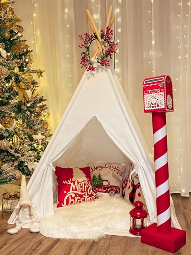 Tiny Land Kids-Teepee-Tent with Lights & Campfire Toy & Carry Case, Natural Cotton Canvas Toddler Tent - Washable Foldable Teepee Tent for Kids Tiny Land