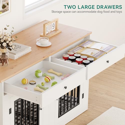 YITAHOME 60" Wooden Dog Crate Furniture with Removable Divider & Storage Drawers, Double Door Kennel with Locks for Medium and Large Dogs, Multi-Functional Dog Crate End Table for Indoor use, White YITAHOME