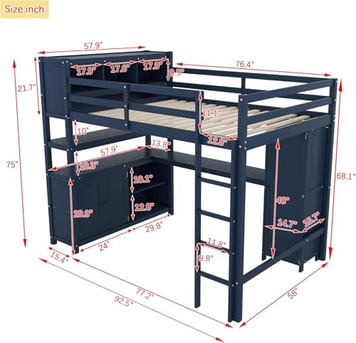Bellemave Full Size Wood Loft Bed with L-Shaped Desk and Wardrobe,Wooden Loft Bed Frame with Bookshelf and Bookcase Headboard for Kids Teens Adults,Dark Blue Bellemave