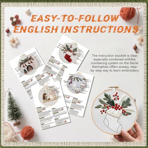 WKALXJ 4 Sets Embroidery Kits for Beginners Adults, Cross Stitch Kits, Needlepoint Kits with Instruction, Video, Needle Point Kits with Holly Fireplace Stocking Nativity Patterns (Christmas A)