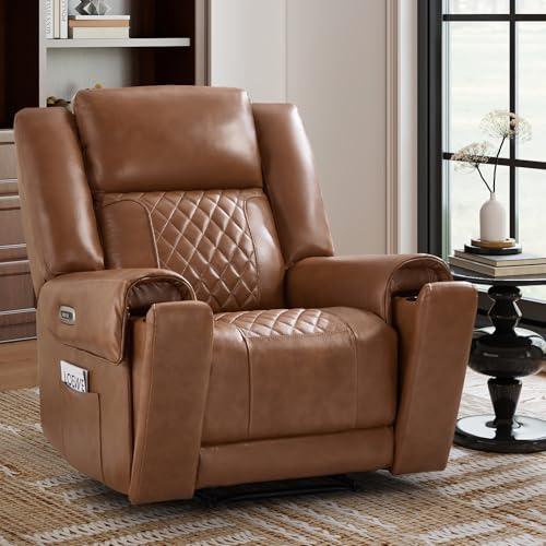 ANJ Premium Genuine Leather Power Recliners for Adults, Dual Motor Electric Recliner Chairs with Power Headrest & Dual Cup Holders, Overstuffed Heavy Duty Reclining Sofa for Living Room Bedroom, Brown