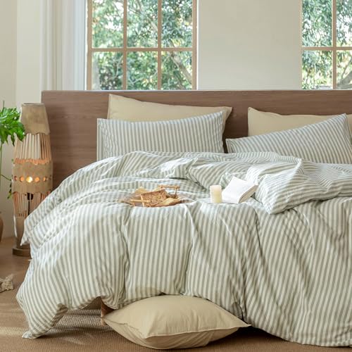 MooMee Striped Duvet Cover Set 100% Washed Cotton Linen Like Textured Breathable Durable Soft Comfy (Sage Green White Classic Stripes, Queen 90"x90") MooMee