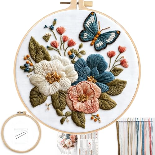 FONNUY Boho Floral Embroidery Kit, Pre-Stamped Butterfly Frolicking in Blooms Patterns Kits for Adults and Beginners, Handmade DIY Crafts Set, Color Thread Needlework, 8'' Hoop (Blue A2)