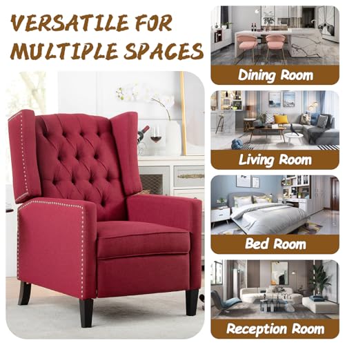 Wingback Recliner Chairs with Foldable Side Table&USB Charging Ports,Mid Century Accent Single Sofa Small Recliner Chair,Modern Comfy Pushback Reclining Chair for Living Room (Fabric, Wine Red)
