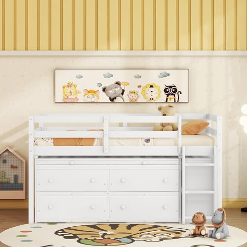 Ball & Cast Twin Size Loft Bed with Retractable Writing Desk & 4 Drawers,Wooden Bedframe W/Lateral Portable Desk & Shelves,Space Saving,Easy Assembly,Study Room Bedroom Set for Boy Girl Keens,White Ball & Cast
