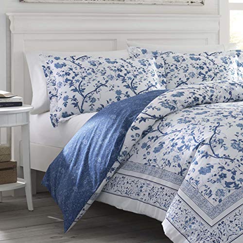 Laura Ashley - Full Comforter Set, Soft & Reversible Cotton Bed Set, 4 Piece Floral Bedding with Matching Pillowcases & Bonus Bed Skirt (Charlotte Blue) Laura Ashley