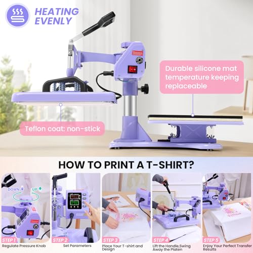 WHUBEFY Heat Press,8 in 1 Tshirt Printing Machine 15"x12" Digital Industrial Heat Transfer Machine,Sublimation Heat Press Machine for T Shirts/Mug/Cap/Plate/DIY (8 in 1 Heat Press(Purple)) Whubefy