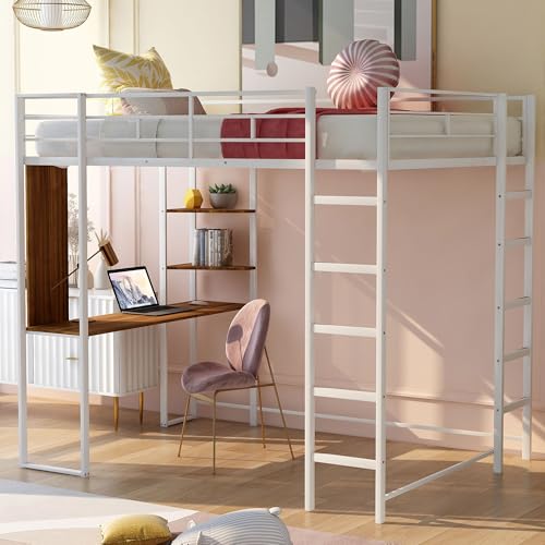 Bellemave Full Size Metal Loft Bed with Desk and Storage Shelves,Heavy Duty Loft Bed Frame with Safety Guardrail for Kids Teens Adults,Space Saving,White Bellemave
