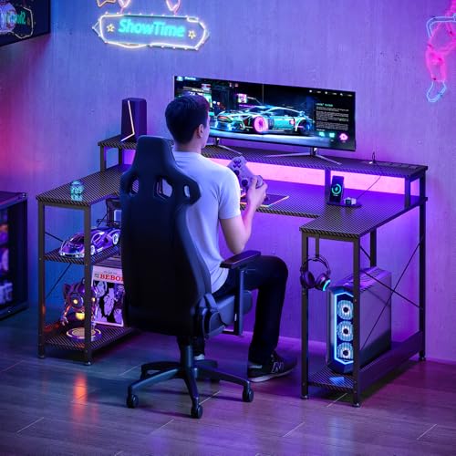 ODK 55 Inch Gaming Desk with LED Lights and Power Outlet, U-Shaped Computer Desk with Monitor Stand and Storage Shelves, PC Gamer Table for Home Office, Carbon Fiber Black ODK