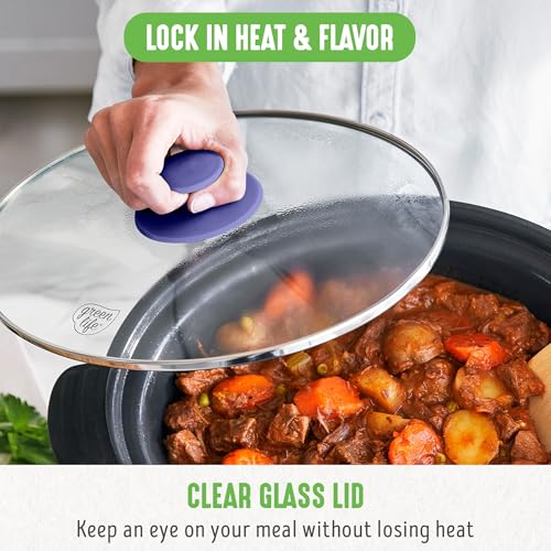 GreenLife 6 Quart Ceramic Slow Cooker, PFAS-Free, Programmable, Removable Healthy Nonstick Pot for Family Meals, Sear on Stovetop, Keep Warm, Digital Timer, Dishwasher Safe Glass Lid, Periwinkle GreenLife