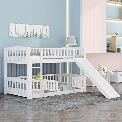 Merax Twin Over Twin Bunk Bed with Slide, Low Bunk Bed Frame with Convertible Ladder & Detachable Fence, Solid Pine Wood Structure for Bedroom, White Merax