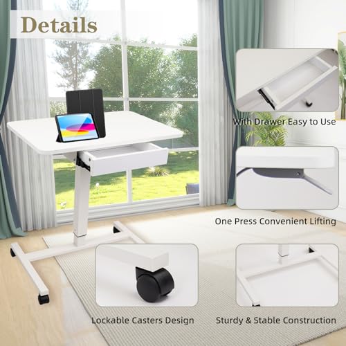 CLATINA Mobile Laptop Standing Desk, Height Adjustable Teacher Podium with Lockable Wheels, Adjustable Work Table with Drawer, Computer Cart Overbed Table for Home Office Classroom, White CLATINA