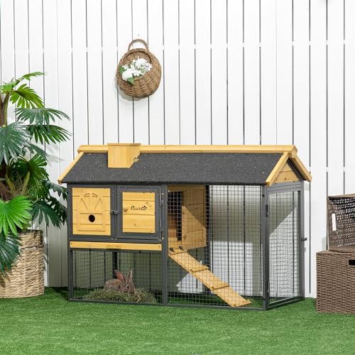 PawHut 47" Wooden Rabbit Hutch Outdoor with Run, Metal Frame, 2-Story Bunny Rabbit Cage with Removable Tray, Ramp, Bunny Hutch with Space-Saving Design PawHut