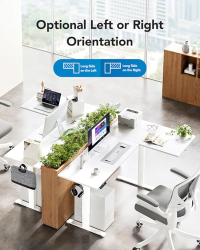 HUANUO L-Shaped Standing Desk, 63 x 40 inch Dual Motor Corner Standing Desk, Electric Height Adjustable Computer Desk with Cable Tray & 3 Preset Heights, Raising Desk for Home Office, White, HNESD109 HUANUO