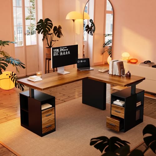 HUANUO 63 Inch L Shaped Standing Desk, Electric Executive Height Adjustable Desk with Storage Drawers, Reversible Design Computer Workstation for Home Office, Black Walnut HUANUO