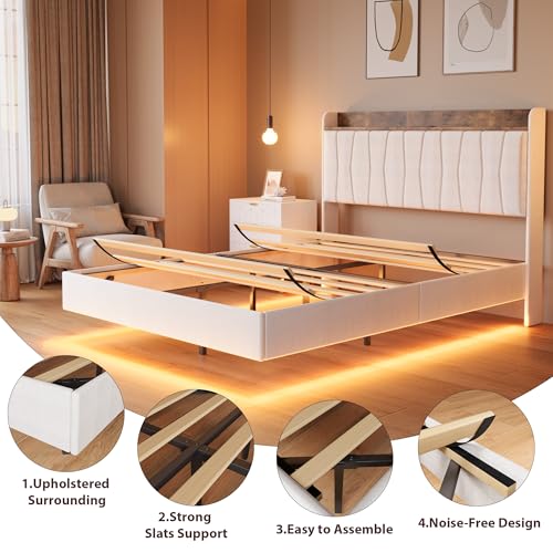 IDEALHOUSE King Floating Bed Frame with LED Lights & Charging Station, Upholstered Platform Bed with Storage Headboard, Wood Slats Support, No Box Spring Needed, Easy to Assemble, White IDEALHOUSE