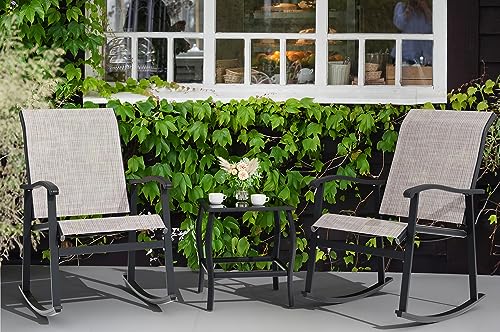 Vongrasig 3 Piece Outdoor Rocking Bistro Set, Textilene Fabric Small Patio Furniture Set, Front Porch Rocker Chairs Conversation Set with Glass Table for Lawn, Garden, Balcony, Poolside (Taupe) Vongrasig