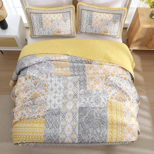 WONGS BEDDING Yellow Quilt Set Full,Bohemian Patchwork Bedspread Coverlet Set, Reversible Boho Floral Pattern Bedspreads Bedding Quilt Set for All Seasons (78"x90") WONGS BEDDING