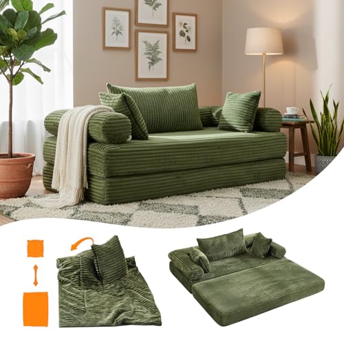 VINGLI Convertible Futon Sofa Bed, Upholstered Corduroy Boneless Couch King Size Floor Loveseat Sleeper Sofa with 2-in-1 Throw Pillow, Couches for Living Room, Bedroom, Lounge, Green VINGLI