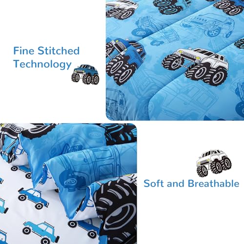 Mooreeke Kids Twin Comforter Sets for Boys 6 Pieces Truck Blue Bedding Set for Teens Soft Microfiber Kids Bed in A Bag with Comforter, Sheet Set, Shams and Decorative Toy Pillow All Season Mooreeke