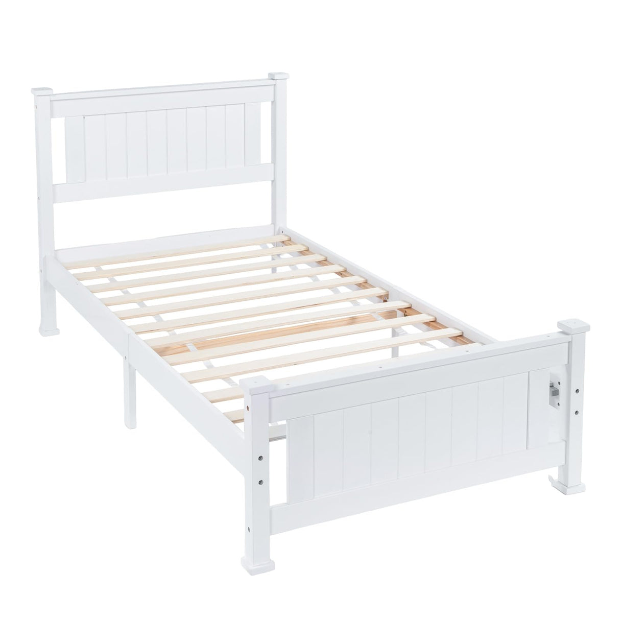 VINGLI Wood Twin Bed Frame with Headboard, Stylish Modern White Platform Single Panel Bed, No Box Spring Needed Wooden Slat Support Mattress Foundation VINGLI