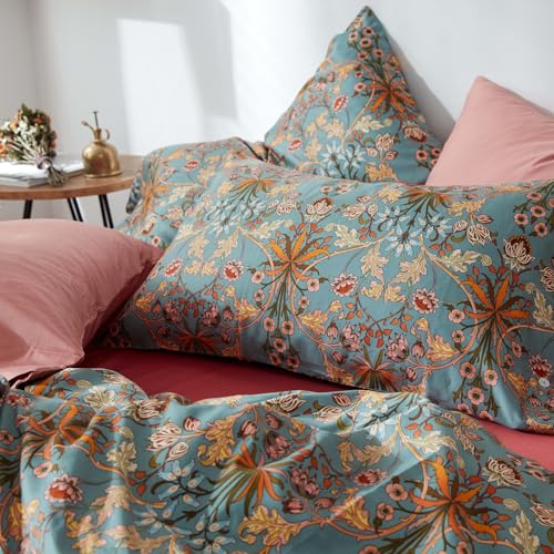 mixinni Vintage Style Garden Flower Duvet Cover Set with Zipper Closure Long Staple Percale Cotton Yellow Vibrant Pattern on Bedding Quilt Cover Set(California King, All Season) mixinni