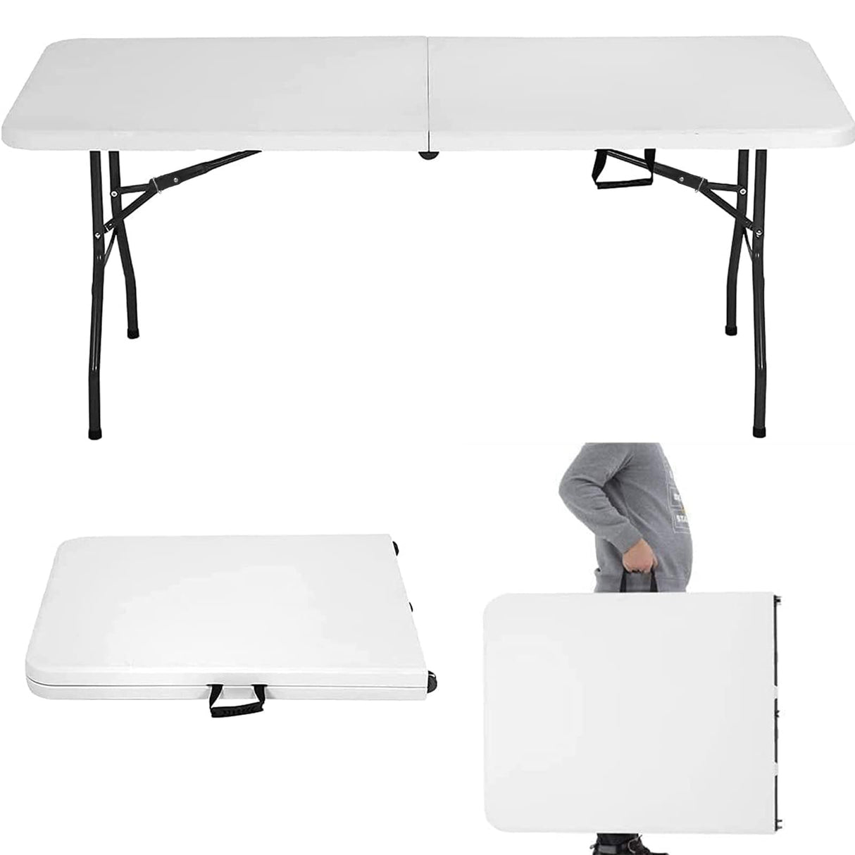 HKLGorg 6 Ft Heavy Duty Working Indoor Outdoor Plastic Folding Utility Party Dining Table Easy to Assemble with Lock Function White, 70.9 x 29.1 x 29.1 inches HKLGorg