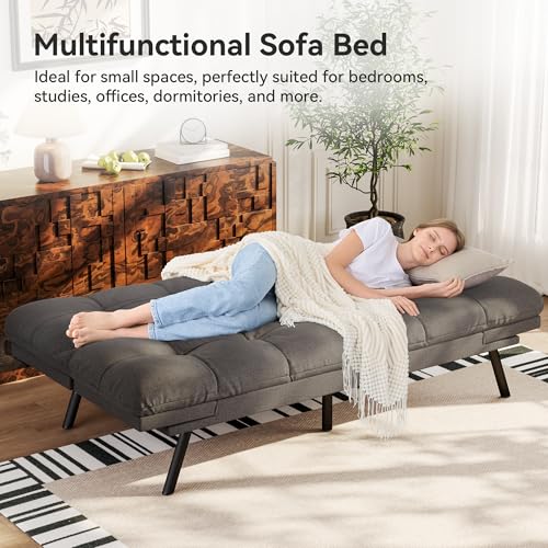 Vipbear Convertible Futon Sofa Bed,Grey Linen Futon Couch with Detachable Cushion,Adjustable Backrest & Armrest,Modern Small Recliner Loveseat Sleeper Couch for Living Room,Office,Apartment Vipbear