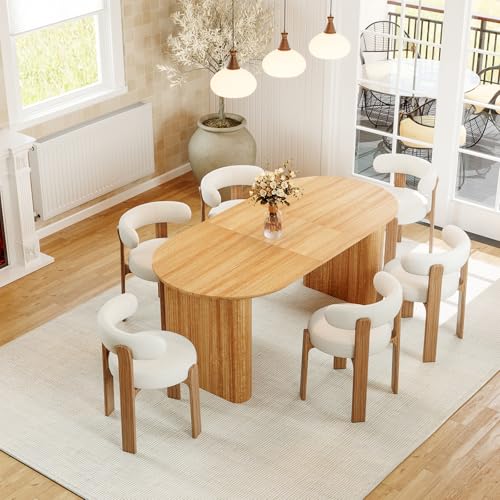 HMHKHN 90" Extendable Dining Table for 4 to 8, Oval Wooden Extendable Dining Room Table with Curved Fluted Wood Strip Base for Home (Natural, Table with 4 Panels) HMHKHN