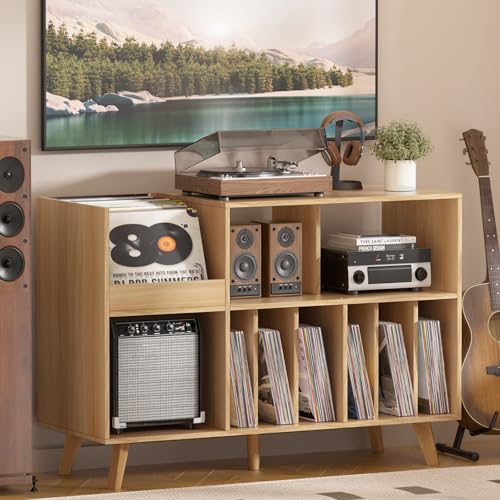 LELELINKY Natural Wood 48''Record Player Stand with Storage and Display Area, Turntable Stand Vinyl Record Holder Player Table Holds Up to 450 Albums, Record Stand for Music Room Living Room LELELINKY