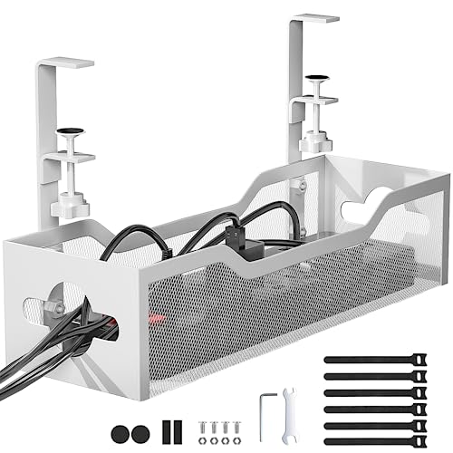 Under Desk Cable Management Tray No Drill, 13.38'' Metal Tray with Clamp for Wire Management, Litwaro Cord Organizer Home Office Damage to Standing Desk, White Litwaro