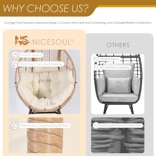 NICESOUL® Wicker Stationary Egg Chair Indoor Outdoor Egg Basket Lounge Chair Oversized Thick Cushions Egg Seat with Legs 440lbs Egg Nest Chair with Ottoman, Boho Rattan Chair for Patio Beige NICESOUL