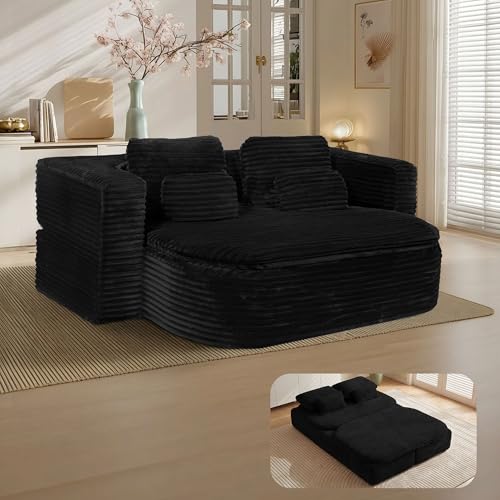 IZLKQC 75'' Folding Sleeper Sofa Bed, Convertible Memory Foam Boneless Couch, Foldable Full Size Guest Bed, Modern 2-in-1 Futon Floor Sleeper Sofa with 4 Pillows and Blanket (Corduroy, Black) IZLKQC