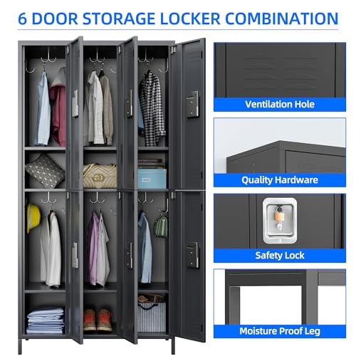 SPKAPO 72" Tall Locker with 6 Doors and Pothook,Tier Locker,Metal Locker,Steel Storage Lockers for Employees, Storage Locker for Home, Gym, School, SPKAPO