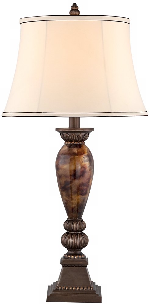 kathy ireland Mulholland Traditional Vintage Table Lamp 33" Tall Aged Bronze Golden Faux Marble Off White Bell Shade for Living Room Bedroom House Bedside Nightstand Home Office Entryway kathy ireland