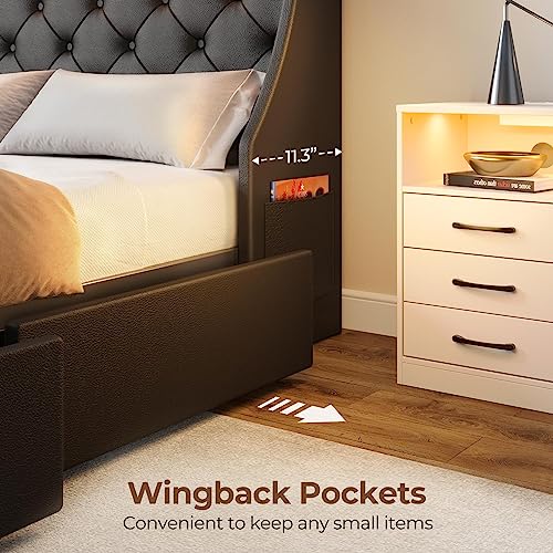Rolanstar Twin Bed Frame with LED Lights and Charging Station, PU Leather Bed with Drawers, Wooden Slats, Noise Free, Easy Assembly, Black Rolanstar
