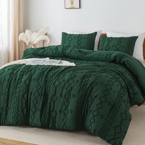 Andency King Size Comforter Set, 3 Pieces Dark Emerald Green Boho Tufted Geometric Shabby Chic Bedding, Soft Fluffy Farmhouse Bed Set, Jacquard Textured Comforter for All Season (104x90 Inch)