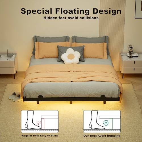 LUKIROYAL Floating Bed Frame King Size with Smart LED Lights and Charging Station - 14 Inch Modern Floating Beds, Bed Frame with Lights, Easy Assembly No Box Spring Needed LUKIROYAL