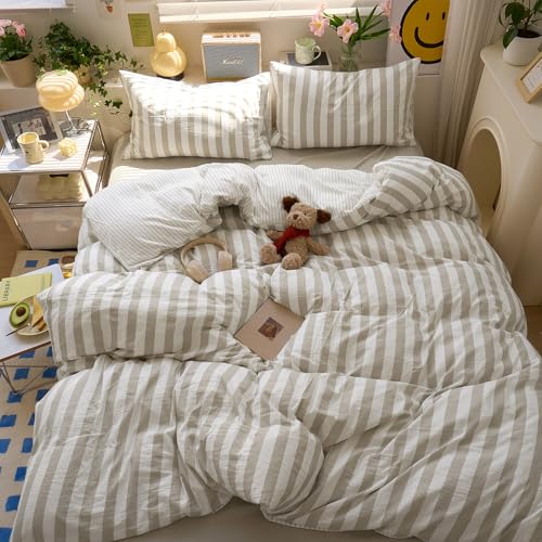 MOTNTD Brown Striped Twin Duvet Cover Set Boho Pattern Twin Comforter Cover Lightweight Stripe Dorm Room Farmhouse Duvet Cover with 2 Pillowcases Teen Boy Bedding Set Washed Microfiber Duvet Protector MOTNTD