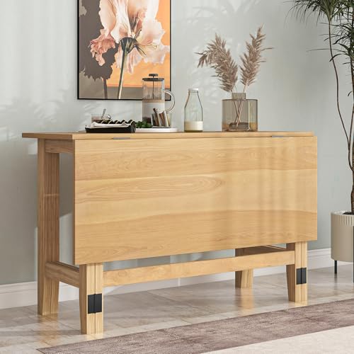 Merax Farmhouse Wood Extendable Dining Table with Drop Leaf for Small Places, Modern Freestanding Scalable Desk for Kitchen & Living Room, Natural Merax
