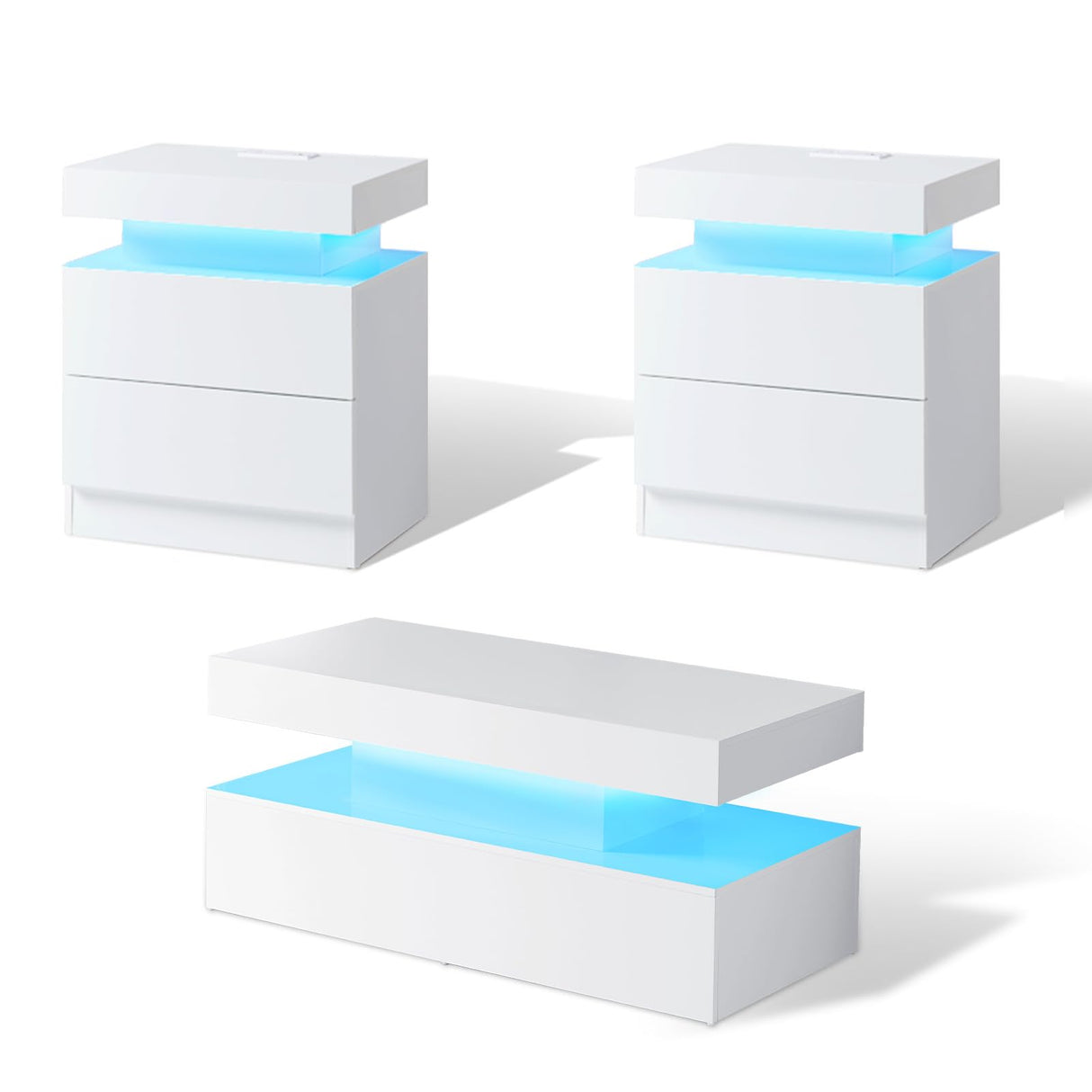 AMERLIFE High Gloss 3 Pieces Living Room Table Set, Modern LED Coffee Table Sets of 3, 2-Tier Center Table with 2 End Side Tables, LED Lights Bedside Table Nightstands with Charging Station, White AMERLIFE