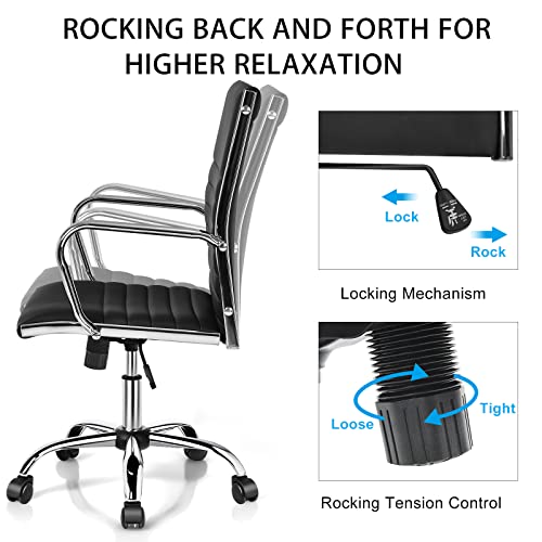 Giantex Ribbed Office Chair, Ergonomic Modern Leather Desk Chair with Adjustable Height & Arms, Swivel Mid Back Executive Conference Room Chairs for Meeting Room (4, Black) Giantex