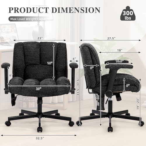 Criss Cross Legged Office Chair with Flip-Up Arms and Wheels, Wide Seat Desk Chair with Built-In Dynamic Airbag Lumbar Support, Modern Cross-Leg Chair for Home Office, Apartment, Vanity, Black Kassipo