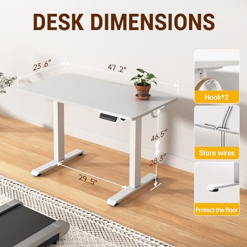 Veken 47.2 Inch Large Electric Standing Desk, Heights Adjustable, Sit to Stand Up, Work Home Office Computer Table for Study, Walking Pad, Writing, and Games, Wooden Desktop Desks, White Veken
