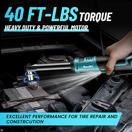 Seesii 3/8" Long Neck Ratchet Wrench, 40Ft-lbs 6" Extended Cordless Ratchet Wrench Kit w/ 2x2.0Ah Batteries & Fast Charge, 220RPM Variable Speed Ratcheting Wrench w/ 7 Sockets, RT400B Seesii