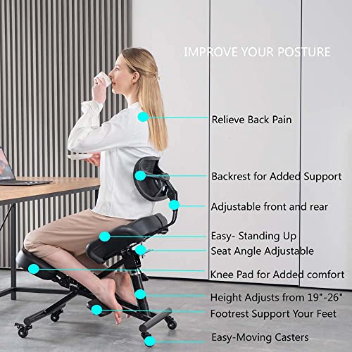 Ergonomic Kneeling Chair with Back Support and Wheels for Office, Adjustable Balance Chair for Home,Black SITSEATSEE