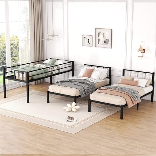 Bellemave Twin Over Twin Over Twin Triple Bunk Bed for Kids, Three Bed Bunk Beds for Kids with Guardrails, Ladder & Storage Three Bed Bunk Bed Converts to 3 Separate Twin Beds No Box Spring Needed Bellemave