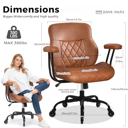 BEWISHOME Home Office Chair, Brown Office Chairs with Wheels, Leather Office Chair, Ergonomic Office Chairs with Lumbar Support, Mid Century Modern Executive Computer Chair BBY01Z BEWISHOME