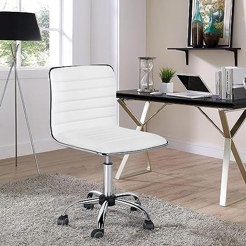 Yaheetech Adjustable Task Chair PU Leather Low Back Ribbed Armless Swivel White Desk Chair Office Chair Wheels Yaheetech