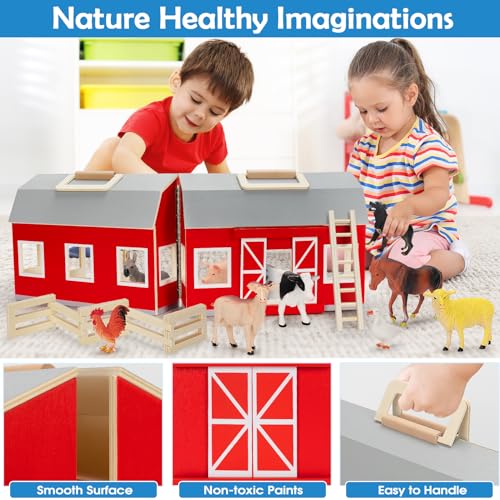 YEEBAY Farm Animals Toys for 3+ Year Old Kids Toddlers Girls Boys, Large Wooden Barn with Animal Play Figures, Farm Playset Educational Learning Toys, Ideal Christmas Birthday Gifts YEEBAY